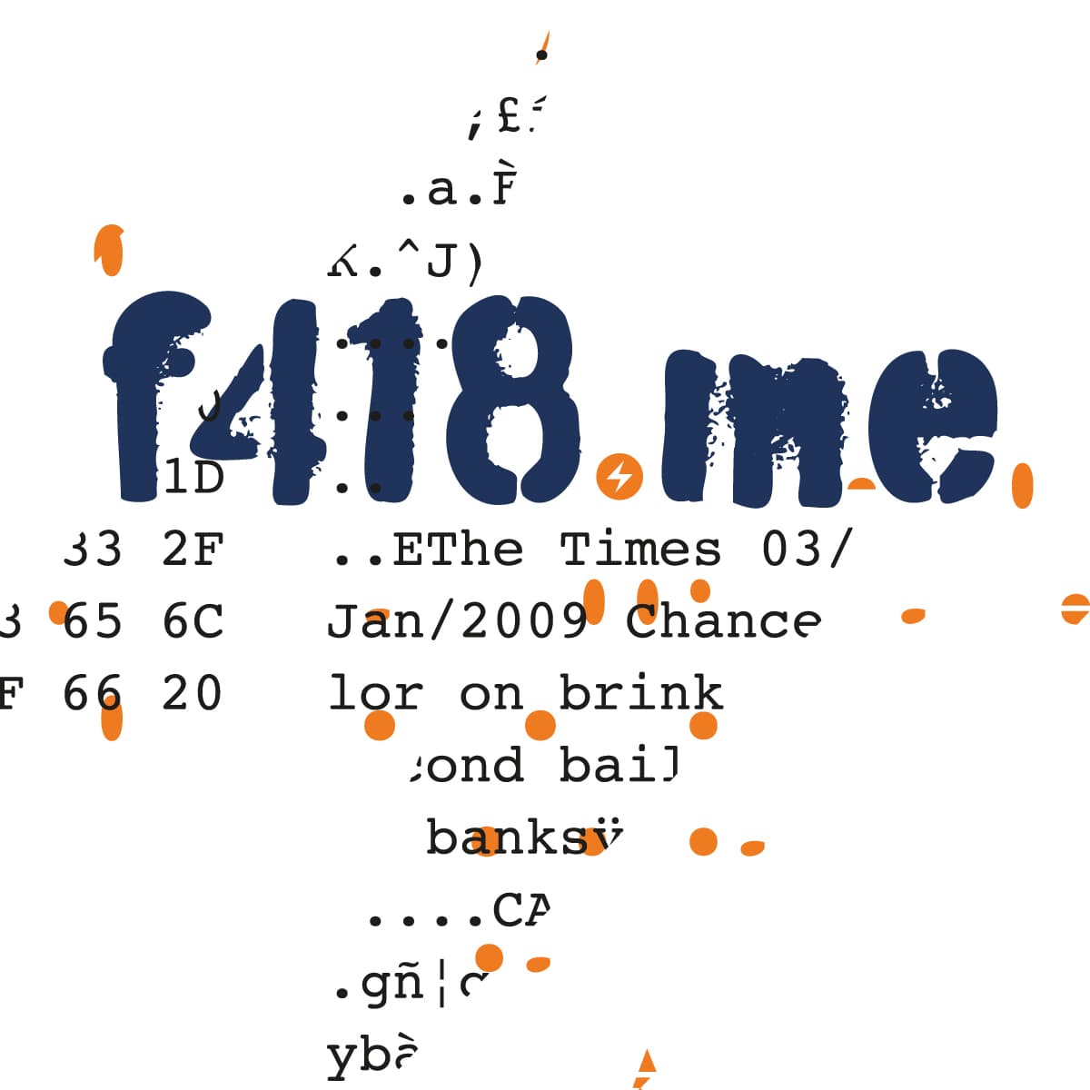 f418.me logo with Bitcoin genesis block headline background